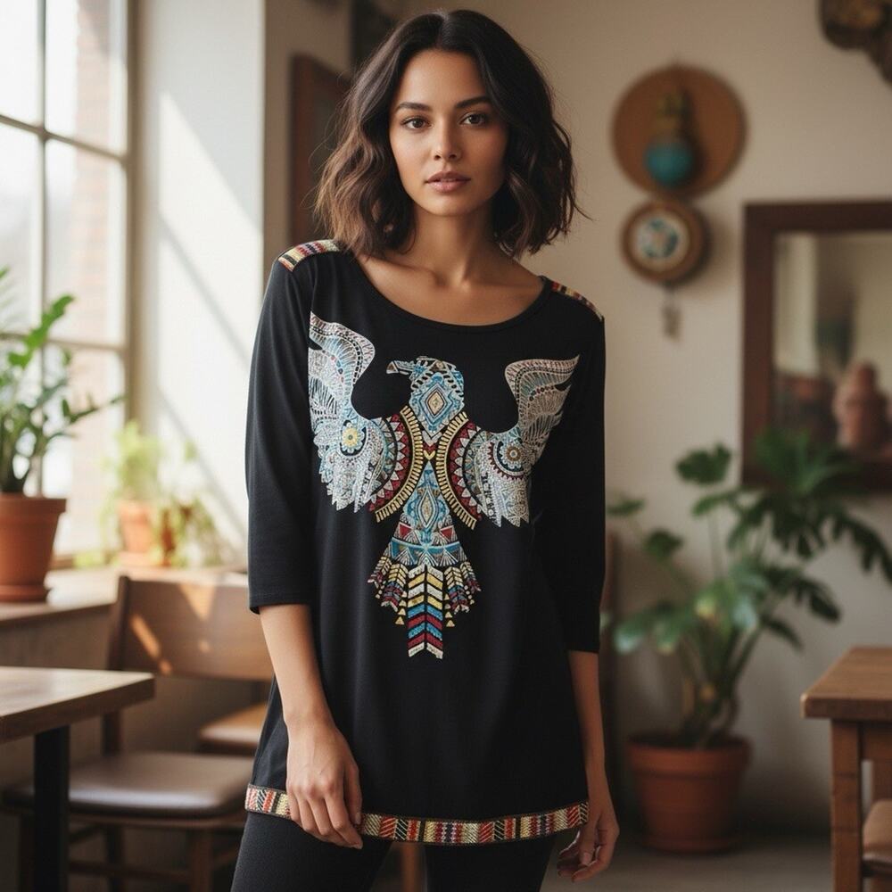 VTG Red Ranch Womens Eagle Thunderbird Tunic Shirt Size M Black Embellished USA